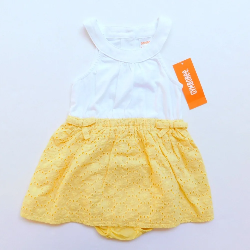 Gymboree Baby Girl Sleeveless Eyelet Dress Set Size 6-12 Mo Yellow White‎ NWT